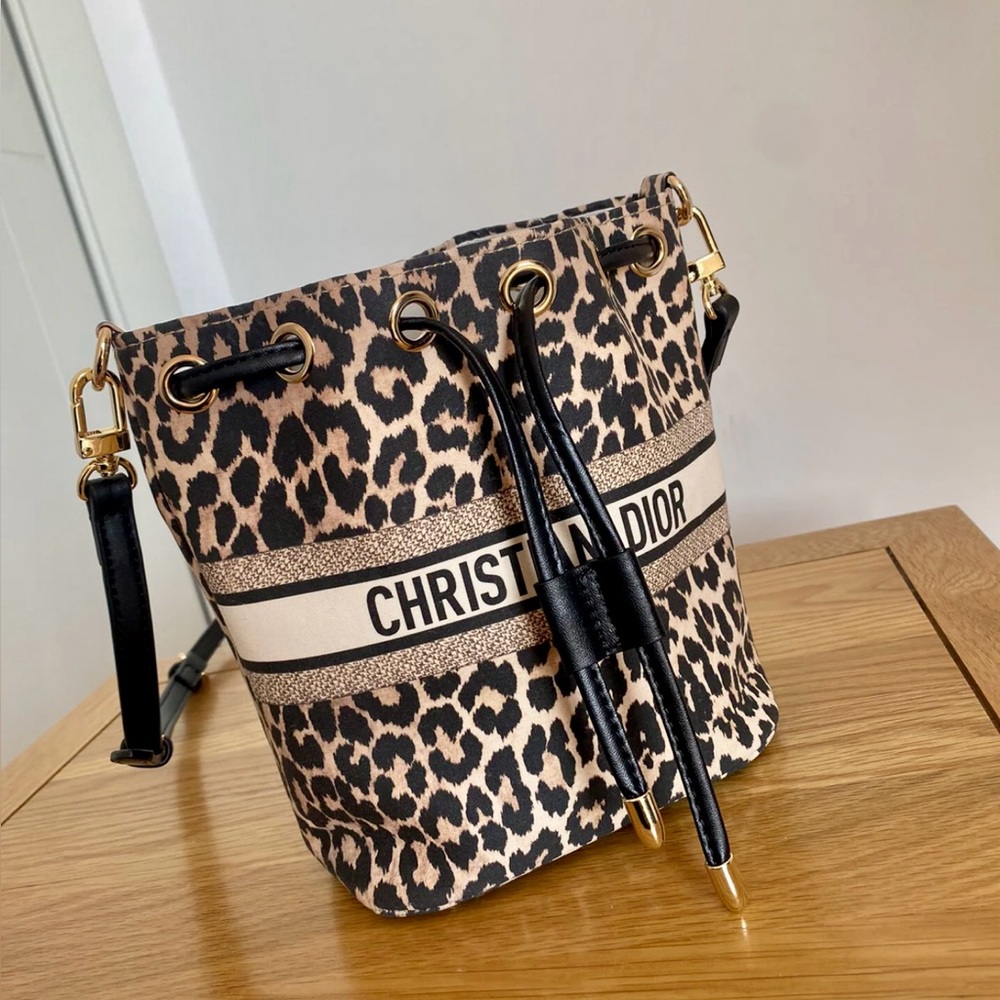 Dior Leopard Print Canvas Bucket Bag in Black, Beige and Gold Hardware